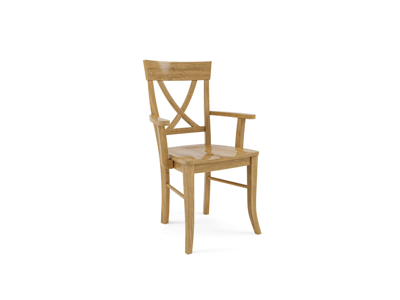 The Juniper Arm Dining Chair - Harvest Wheat by James+James is a wooden dining chair with a polished finish. It features a high backrest with a crossed design and armrests. The four legs slightly curve outwards at the bottom, providing a sturdy stance. The seat is flat and smooth, set against a plain white background.