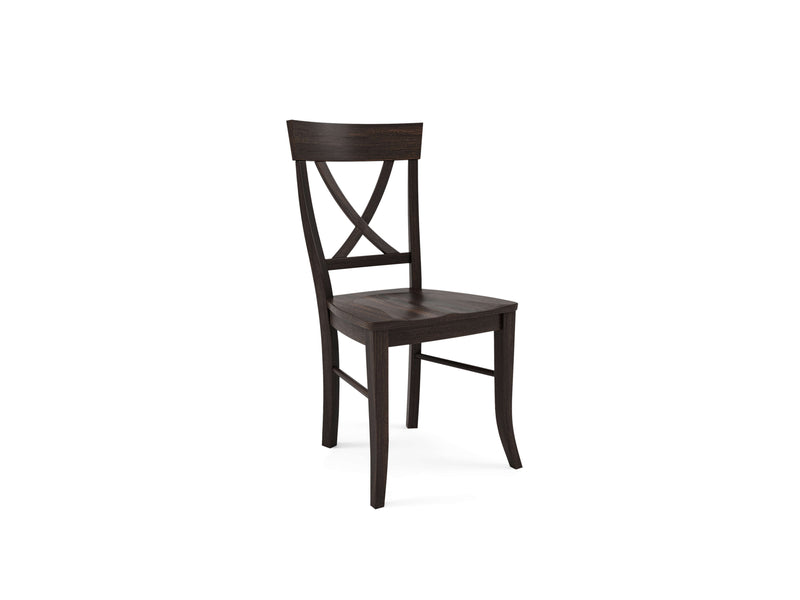 The Juniper Side Dining Chair in Tobacco by James+James is a dark brown wooden chair featuring a curved backrest with a crisscross design. The chair has four slightly tapered legs and a solid seat, all showcasing a smooth finish. The photo of the chair is taken against a plain white background.