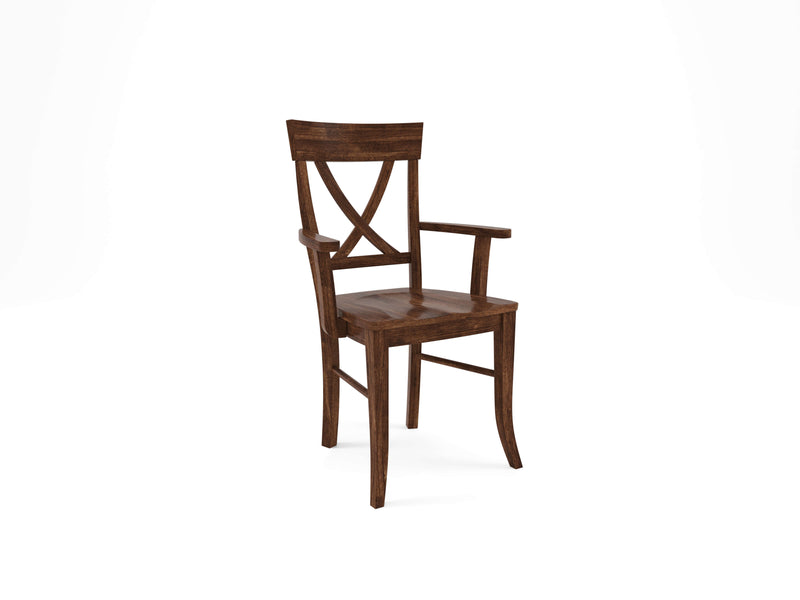 The Juniper Arm Dining Chair - Tuscany by James+James is a wooden chair with a dark finish, showcasing a cross-back design. It boasts a simple, rustic style with straight legs and armrests. The flat yet slightly contoured seat adds to its classic and sturdy appearance.