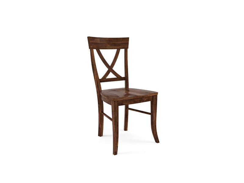 The Juniper Side Dining Chair - Tuscany by James+James is a dark wooden chair with a tall, slightly curved backrest featuring an X-shaped cross design. The seat is flat and the legs are straight and slender, set against a plain white background.