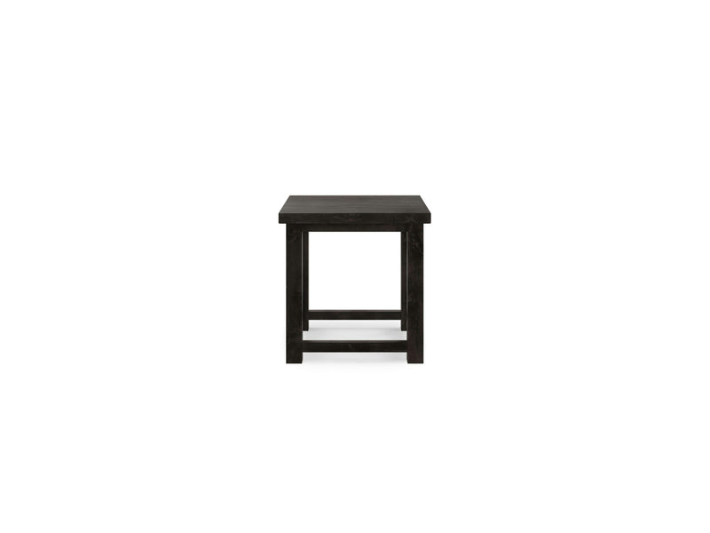 The Carter X Side Table - Charred Ember by James+James is a small side table made from dark wood, featuring a square top, four straight legs, and a horizontal support connecting the legs near the base. Its design is simple and minimalist.