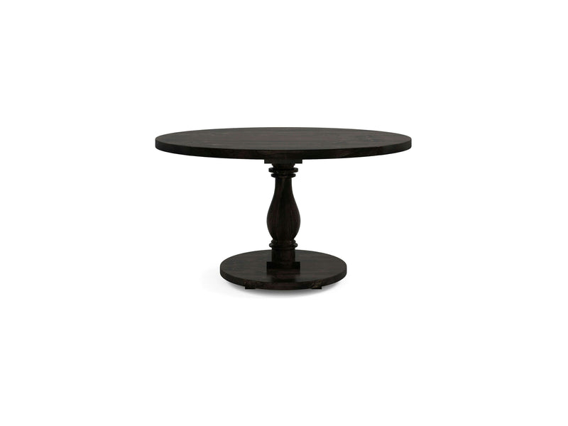 The Vivien Round Dining Table - Charred Ember by James+James features a round black wooden top with a single central pedestal base and sturdy bottom support. This table boasts a smooth, sleek finish and minimalist design, making it an ideal choice for dining or serving as an accent piece in various room settings.