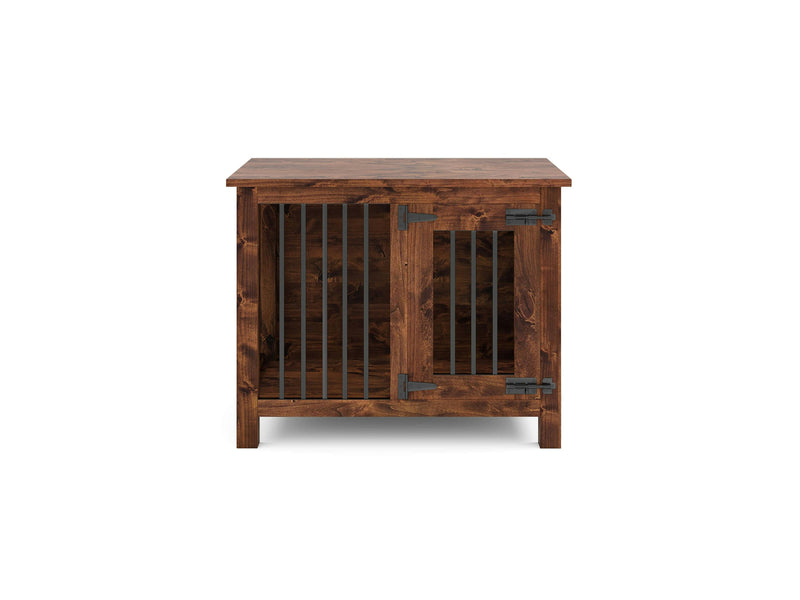 The Single Dog Kennel - Tuscany by James+James is a wooden pet crate featuring metal bars on the door. The kennel boasts a dark brown finish and metal hinges, designed to securely house a small to medium-sized pet. The door, slightly off-center, is firmly fastened. Its rustic and sturdy design adds an appealing touch to any home décor.