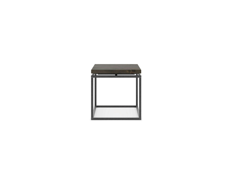 Introducing the Floating Top End Table - Deep Grey by James+James: a minimalist side table featuring a dark wooden top and an open, rectangular metal frame. The design is modern and simple, emphasizing clean lines and functional aesthetics. The perspective showcases the table from the front, highlighting its geometric structure.