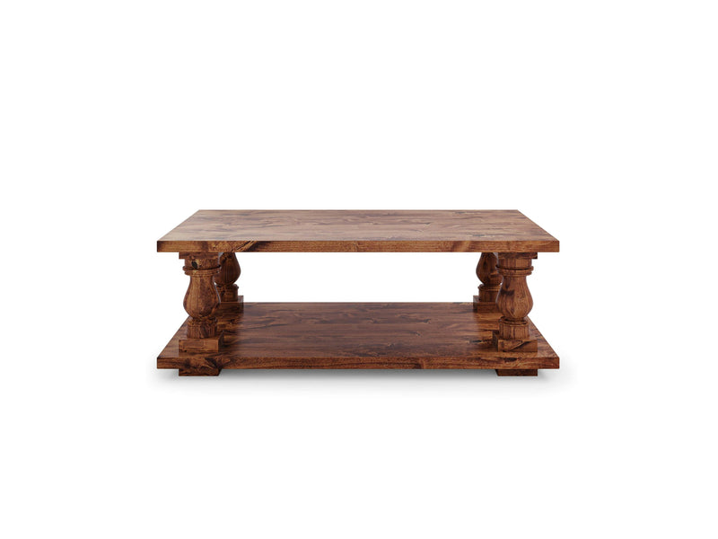 The Vivien Coffee Table - Tuscany by James+James is a wooden square coffee table with a polished brown finish. It boasts a sturdy design featuring four carved legs and a lower shelf for additional storage or display space, exuding a rustic, traditional appearance.