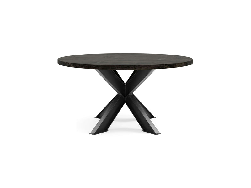 Introducing the Shiloh Round Dining Table - Charred Ember by James+James. This elegant piece features a dark wooden top and a distinctive black metal base with angular legs that intersect in an 'X' shape, blending modernity with timeless sophistication. Its minimalist design adds a contemporary and stylish touch to any dining area.