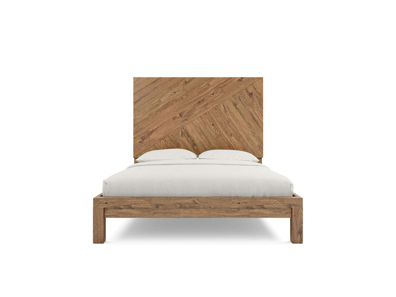 Introducing the Luna - Tuscany by James+James: a wooden bed that boasts a large, textured headboard adorned with a chevron pattern. The bed is impeccably made with light-colored bedding, complete with two pillows at the head. Both the frame and headboard showcase a rustic, natural wood finish.