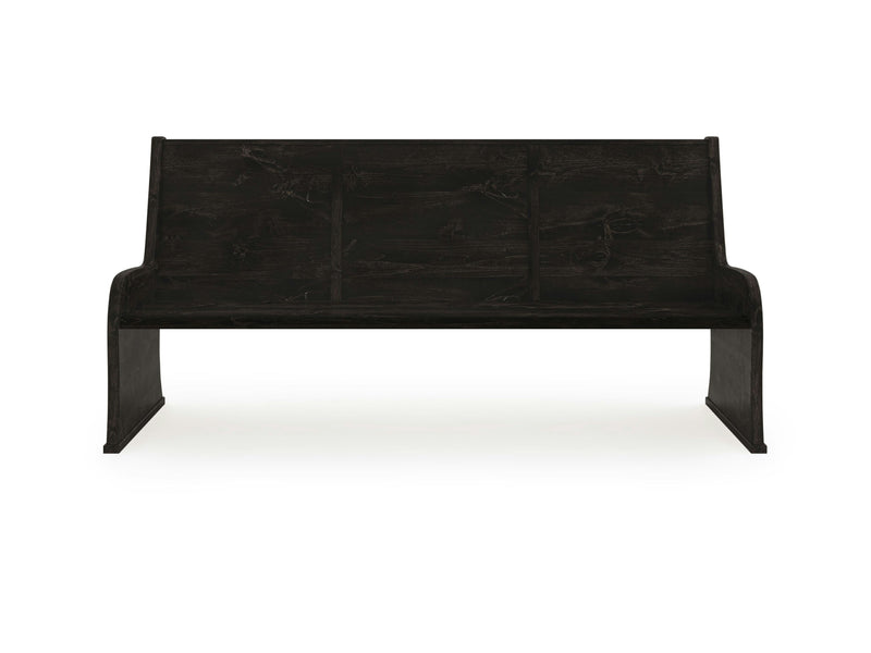 The Parish Pew Bench - Charred Ember from James+James is a dark wooden bench with a minimalist design, featuring a high back and solid side panels. This bench has a weathered, rustic appearance, complemented by smooth, clean lines and sturdy construction. The white background enhances the structure of this elegant bench.