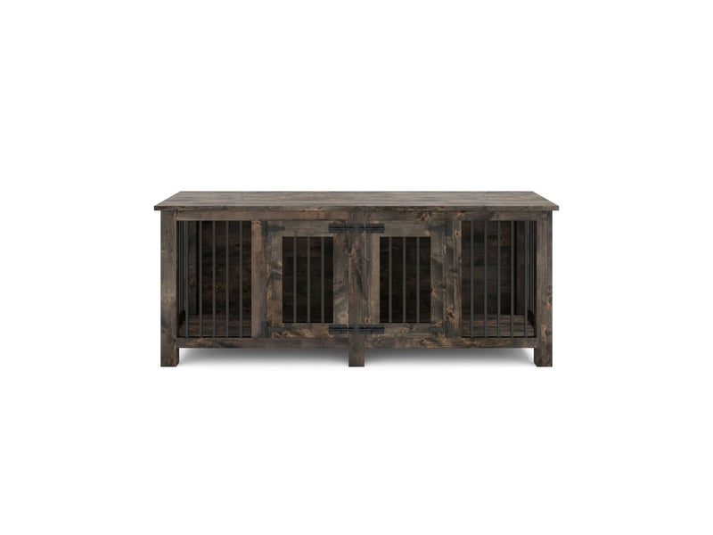 The Double Dog Kennel - Deep Grey by James+James is a rectangular wooden dog crate featuring metal bars on the front and sides and a flat top surface. It has double doors secured with a metal latch in the center, and the wood is stained with a deep grey finish.