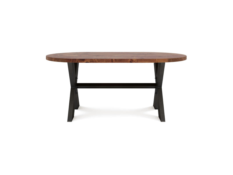 Introducing the X-Base Oval Dining Table - Tuscany by James+James: an elegantly simple piece with a natural wood finish. The table features an oval tabletop resting on a dark, sturdy base with two intersecting legs forming an X shape, connected by a horizontal bar for extra support. Its minimalist and modern design makes it a perfect addition to any dining space.