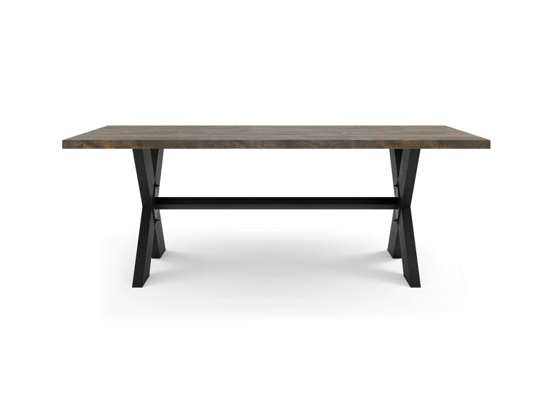 The James+James X-Base Dining Table - Deep Grey features a rustic wooden rectangular top with a natural grain finish, bordered by black matte metal legs in an X-frame design connected by a horizontal metal support bar. The table is set against a plain white background.