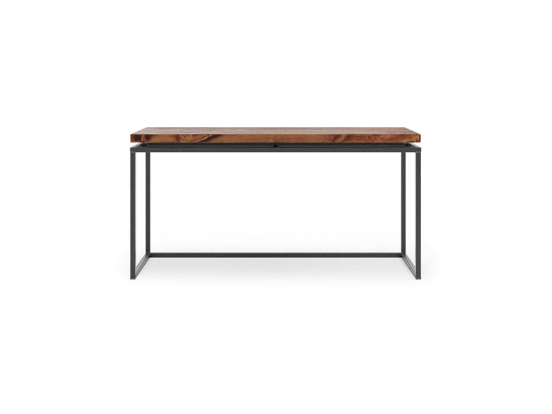 The Floating Top Sofa Table - Tuscany by James+James is a minimalist wooden desk featuring a rectangular tabletop and thin, black metal legs that create a box frame. With no drawers or additional features, it exudes a clean and modern design. The wood surface has a natural finish.