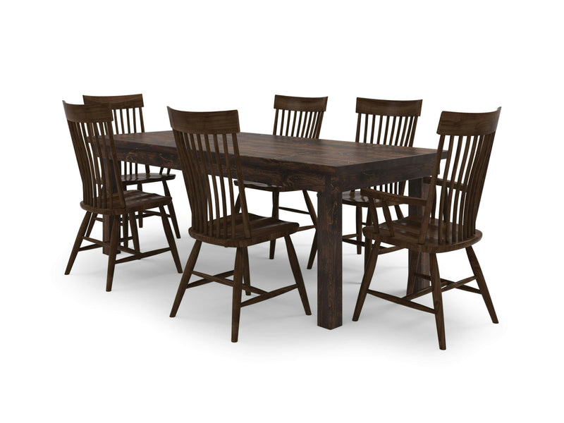 The James & James Farmhouse & Eleanor Dining Set, featuring a dark brown farmhouse dining table and six matching Tobacco Eleanor Dining Chairs with slatted backs, is arranged in pairs along the sides and one at each end. Handcrafted in the USA, the set is displayed against a plain white background.