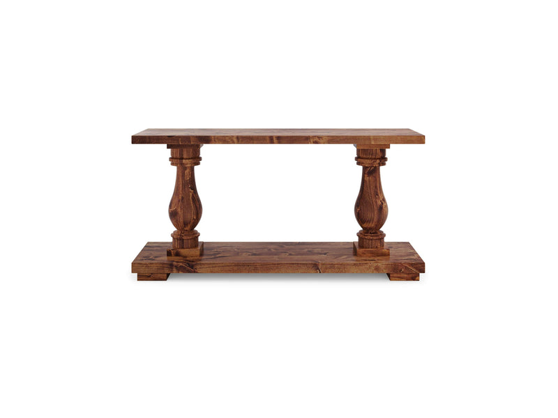 A James+James Vivien Sofa Table - Tuscany featuring wooden pillars.