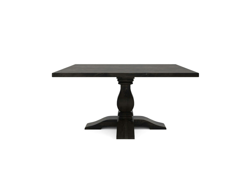 The Heirloom Square Dining Table - Charred Ember by James+James is a dark-colored wooden dining table featuring a pedestal base. It showcases a central carved column supported by four curved feet, with a smooth tabletop and elegant design that adds a touch of sophistication to any dining space.