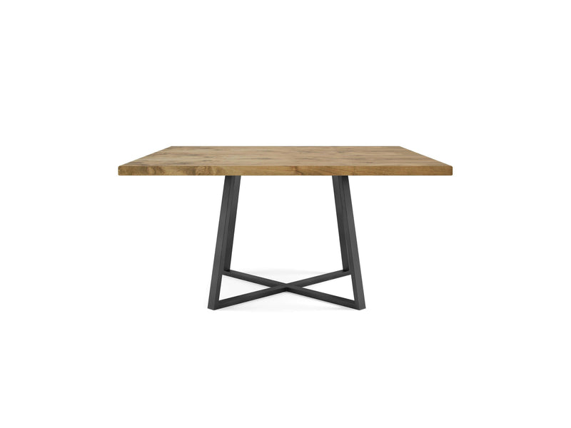 The Watson Square Dining Table, crafted by James+James, features a thick and smooth square tabletop with a natural harvest wheat finish. Supported by a modern X-shaped black metal base, its simple yet contemporary design offers a minimalist aesthetic.