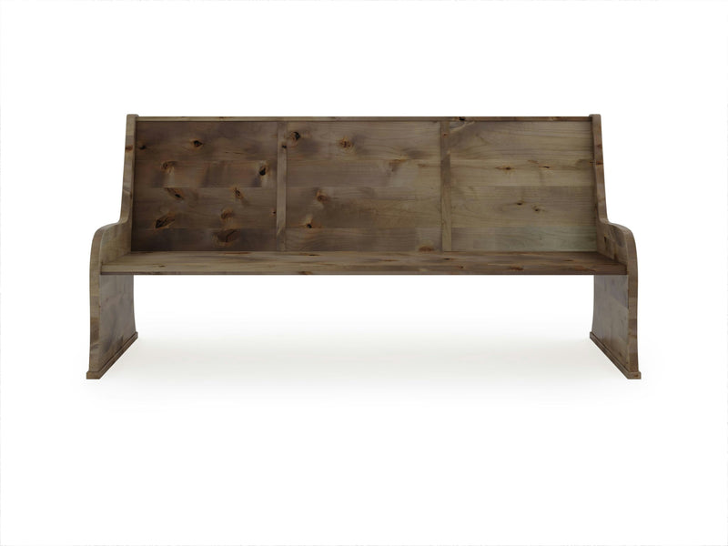 The Parish Pew Bench - Barn Wood by James+James is a rustic wooden bench featuring a high, straight backrest and no armrests. Crafted from wood with a natural, knotty texture and finished in medium brown, the bench has a minimalist design characterized by clean lines and a sturdy appearance. It is showcased against a plain white background.