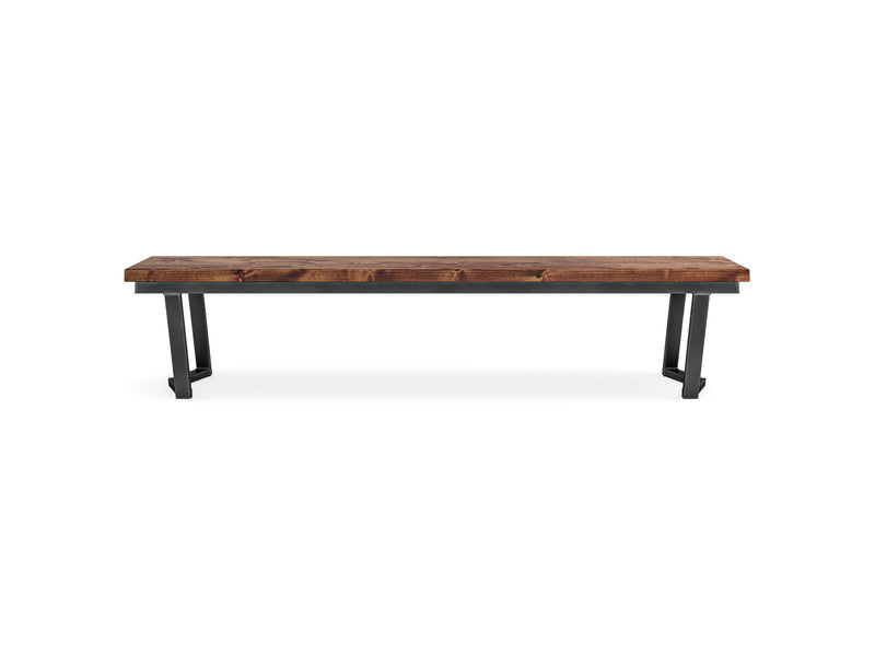 The Arkwright Bench - Tuscany by James+James features a rich brown finish and a slightly textured surface. It stands on four black metal legs with a minimalist and sturdy design, offering a modern industrial look. The wood grain enhances the bench with a natural aesthetic.