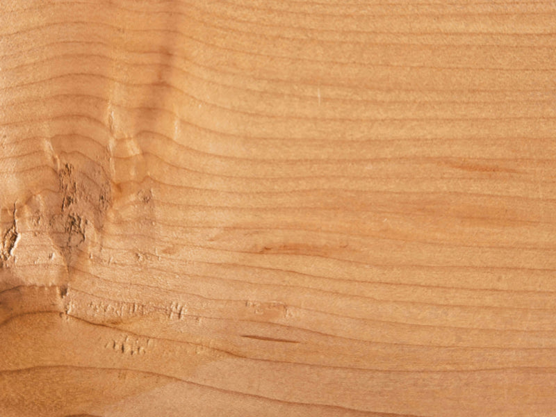 A close-up view of the Satin on Maple Sample by James+James reveals a warm, light brown wooden surface. The wood grain is clearly visible, showcasing its natural lines and patterns. On the left side, there is a small rough area with slight indentations, indicating a natural imperfection in the maple wood.