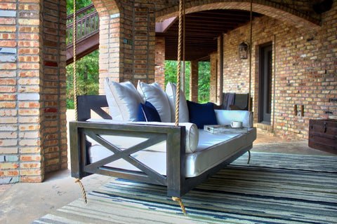 Finley Wood Porch Swing Bed Daybed, Twin Size, Charred Ember Finish. Pictured with our Sketched Indoor / Outdoor Rug.