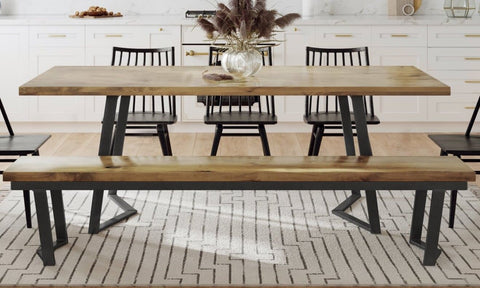 Pictured at 7' L x 37" W in Harvest Wheat Finish. Pictured with <a href="/products/industrial-steel-arkwright-bench">Industrial Steel Arkwright Bench</a> in Harvest Wheat Finish, <a href="/products/modern-oak-windsor-dining-chair">Modern Oak Windsor Chairs</a>, and <a href="/products/satellite-area-rug">Satellite Area Rug</a>.