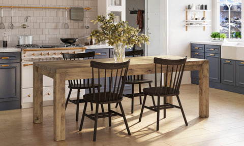 Pictured at 7' L x 37" W in Harvest Wheat Finish. Pictured with <a href="/products/rustic-windsor-dining-chair">Rustic Windsor Dining Chairs</a> in Charred Ember Finish.