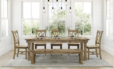 Pictured at 7’ L x 37" W in Harvest Wheat Finish. Pictured with <a href="/products/clearwater">Clearwater Light</a>. Also pictured with <a href="/products/farmhouse-bench">Farmhouse Bench</a> for 7' Table and <a href="/products/double-x-back-dining-chair">Double X-Back Dining Chairs</a in Harvest Wheat Finish.