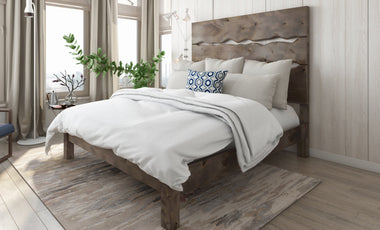 Pictured in Barn Wood Finish with an extra tall headboard. Pictured with our <a href="/products/ryenn-area-rug">Ryenn Area Rug</a>.